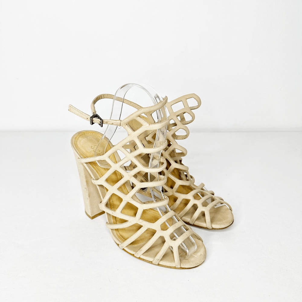 Schutz Jaden Caged Sandals Women's Block Heel Goat Taupe Leather Size US 7